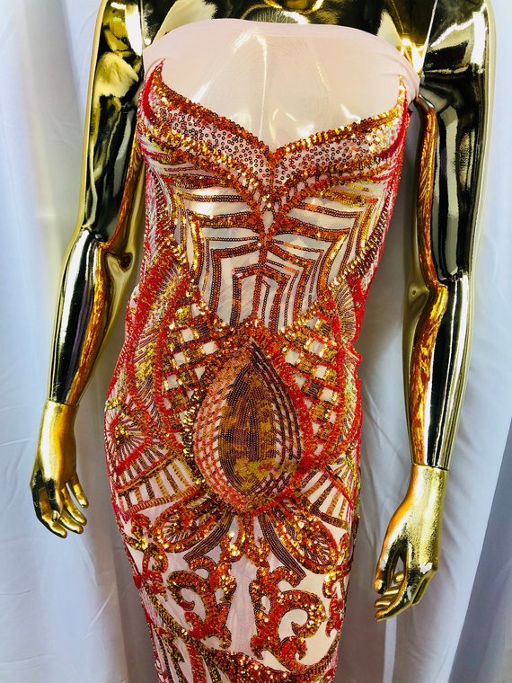 Iridescent Orange Sequins  - 4 Way Stretch Embroidered Royalty Sequins Design Fabric By Yard