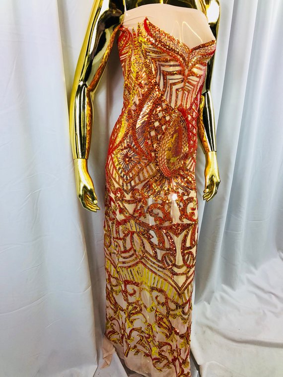 Iridescent Orange Sequins  - 4 Way Stretch Embroidered Royalty Sequins Design Fabric By Yard