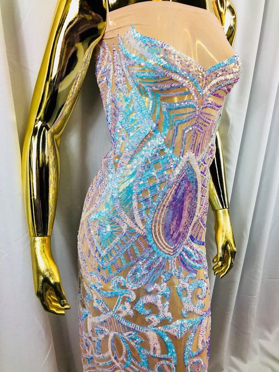 Iridescent Aqua  Sequin - 4 Way Stretch Embroidered Royalty Sequins Fancy Design Fabric By Yard