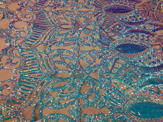 Fabric 4 Way Stretch - Iridescent Aqua Sequins - Embroidered Blush Mesh LaceFabric By The Yard