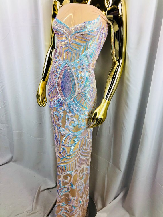 Iridescent Aqua  Sequin - 4 Way Stretch Embroidered Royalty Sequins Fancy Design Fabric By Yard