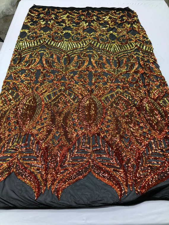 Fabric 4 Way Stretch  - Iridescent Orange Sequins - Embroidered Lace Fabric By The Yard