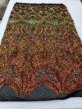 Fabric 4 Way Stretch  - Iridescent Orange Sequins - Embroidered Lace Fabric By The Yard