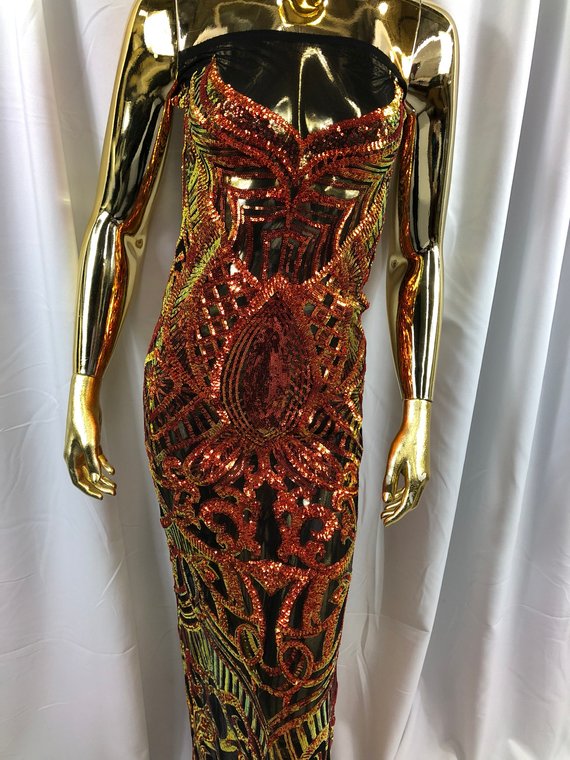 Fabric 4 Way Stretch  - Iridescent Orange Sequins - Embroidered Lace Fabric By The Yard