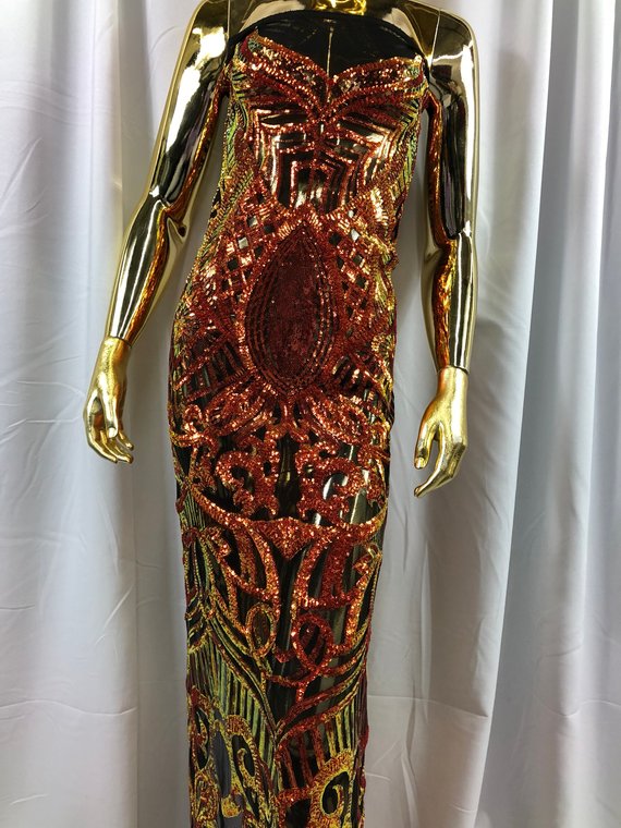 Fabric 4 Way Stretch  - Iridescent Orange Sequins - Embroidered Lace Fabric By The Yard