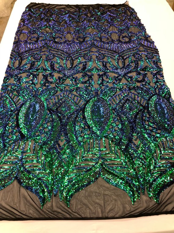 Iridescent Green - 4 Way Stretch Embroidered Royalty Sequins Design Fabric By Yard