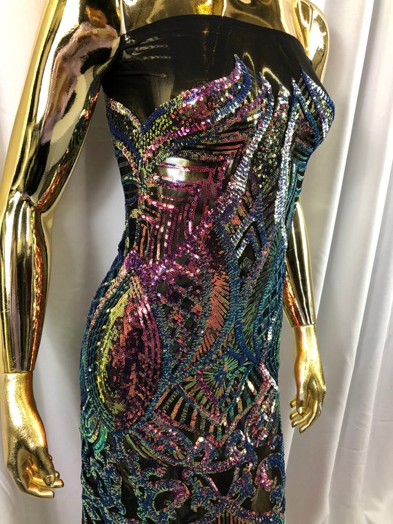 Iridescent Rainbow - 4 Way Stretch Embroidered Royalty Sequins Design Fabric By Yard
