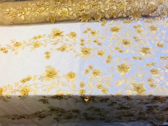 Gold 3D Floral Design Embroider With Pearls On A Mesh Lace Dresses-Prom-Nightgown By Yard