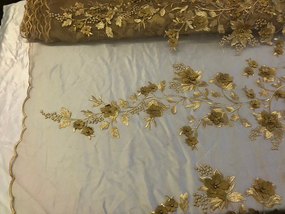 Gold 3D Floral Design Embroider With Pearls On A Mesh Lace Dresses-Prom-Nightgown By Yard