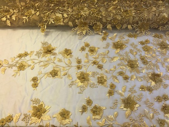 Gold 3D Floral Design Embroider With Pearls On A Mesh Lace Dresses-Prom-Nightgown By Yard