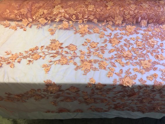 Peach 3D Floral Design Embroider With Pearls On A Mesh Lace Dresses-Prom-Nightgown By Yard