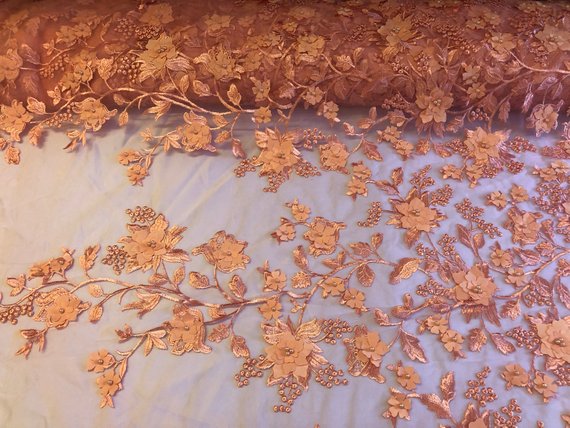 Peach 3D Floral Design Embroider With Pearls On A Mesh Lace Dresses-Prom-Nightgown By Yard