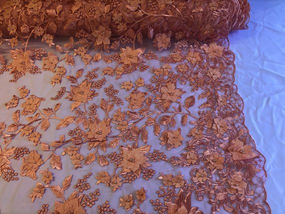 Peach 3D Floral Design Embroider With Pearls On A Mesh Lace Dresses-Prom-Nightgown By Yard