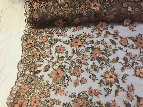 Flower 3D Fabric - Skin - Embroided Fabric Flower Pearls and Leaf Decor Sold by The Yard