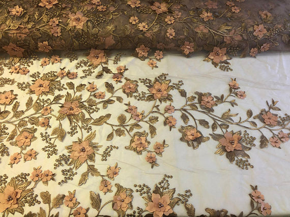 Flower 3D Fabric - Skin - Embroided Fabric Flower Pearls and Leaf Decor Sold by The Yard
