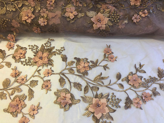 Flower 3D Fabric - Skin - Embroided Fabric Flower Pearls and Leaf Decor Sold by The Yard