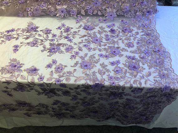 Lavander 3D Floral Design Embroider With Pearls On A Mesh Lace Dresses-Prom-Nightgown By Yard