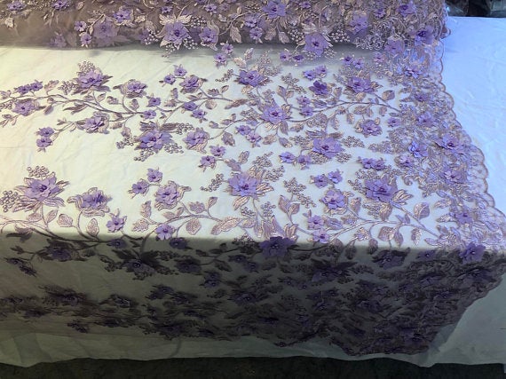 Lavander 3D Floral Design Embroider With Pearls On A Mesh Lace Dresses-Prom-Nightgown By Yard