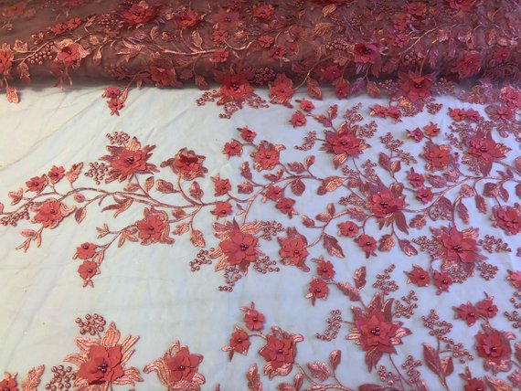 Coral 3D Floral Design Embroider With Pearls On A Mesh Lace Dresses-Prom-Nightgown By Yard