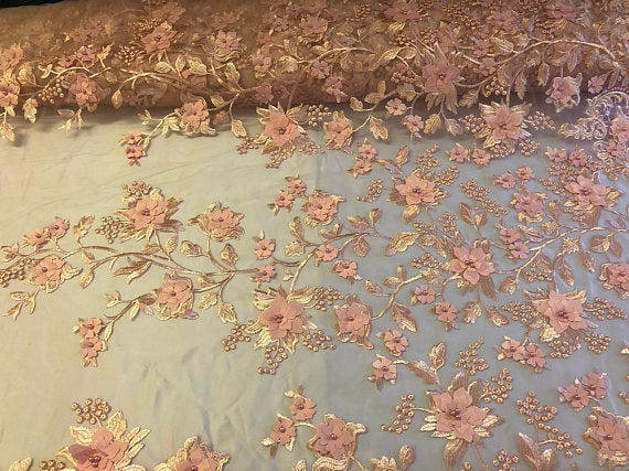 Blush Pink 3D Floral Design Embroider With Pearls On A Mesh Lace Dresses-Prom-Nightgown By Yard