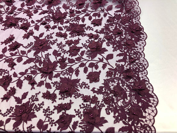 Plum 3D Floral Design Embroider With Pearls On A Mesh Lace Dresses-Prom-Nightgown By Yard