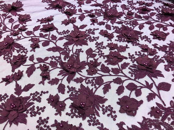 Plum 3D Floral Design Embroider With Pearls On A Mesh Lace Dresses-Prom-Nightgown By Yard