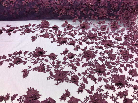 Plum 3D Floral Design Embroider With Pearls On A Mesh Lace Dresses-Prom-Nightgown By Yard