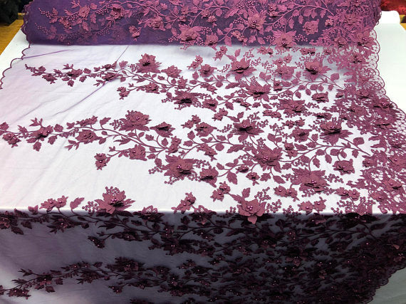 Plum 3D Floral Design Embroider With Pearls On A Mesh Lace Dresses-Prom-Nightgown By Yard