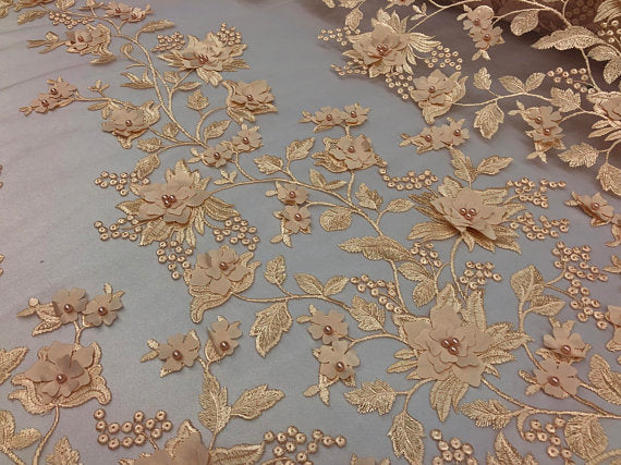 Blush Peach 3D Floral Design Embroider With Pearls On A Mesh Lace By The Yard