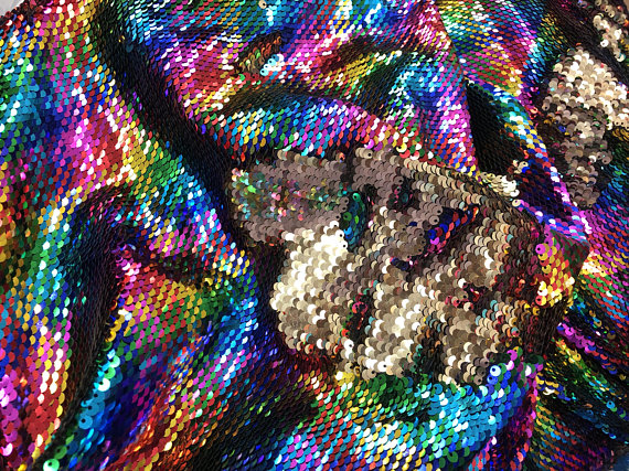 Mermaid Sequins Fabric Reversible 2 Way Stretch RAINBOW GOLD Shiny Flip Up Sequins Fabric By Yard