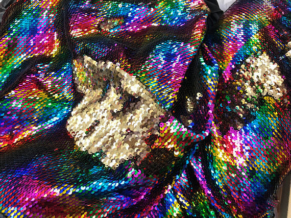 Mermaid Sequins Fabric Reversible 2 Way Stretch RAINBOW GOLD Shiny Flip Up Sequins Fabric By Yard