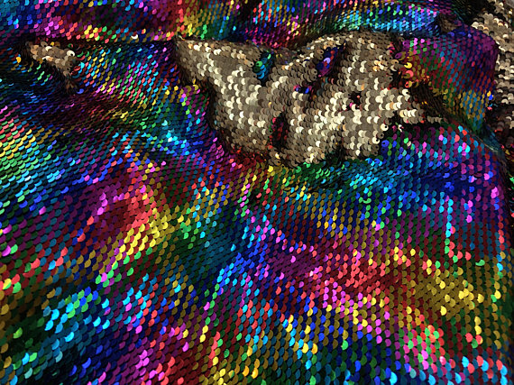 Mermaid Sequins Fabric Reversible 2 Way Stretch RAINBOW GOLD Shiny Flip Up Sequins Fabric By Yard