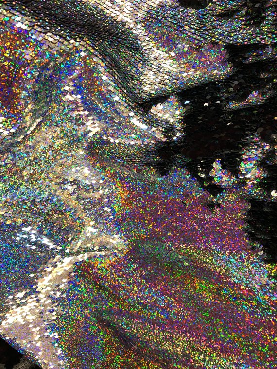 Mermaid Sequins Fabric Black/Silver Hologram Flip up Sequins Reversible Nightgowns-Prom By The Yard