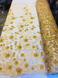 Gold 3D Floral Design Embroider With Pearls On A Mesh Lace Dresses-Prom-Nightgown By Yard