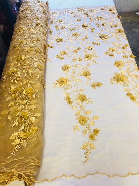 Gold 3D Floral Design Embroider With Pearls On A Mesh Lace Dresses-Prom-Nightgown By Yard