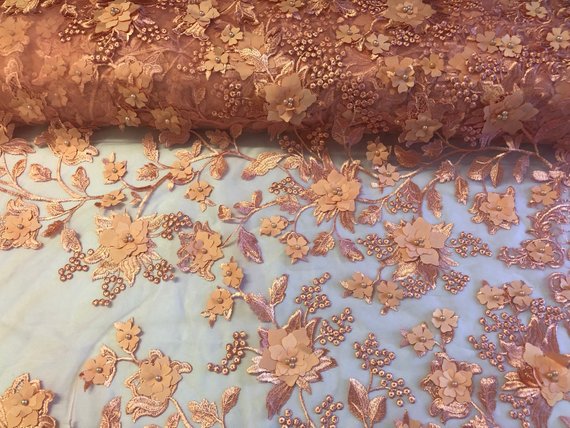 Peach 3D Floral Design Embroider With Pearls On A Mesh Lace Dresses-Prom-Nightgown By Yard