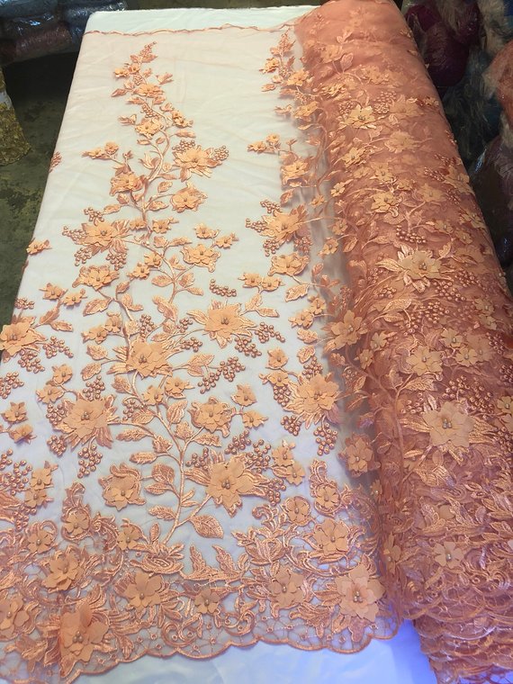 Peach 3D Floral Design Embroider With Pearls On A Mesh Lace Dresses-Prom-Nightgown By Yard
