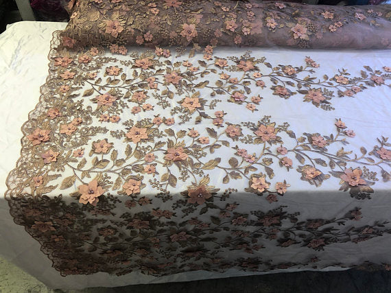 Flower 3D Fabric - Skin - Embroided Fabric Flower Pearls and Leaf Decor Sold by The Yard