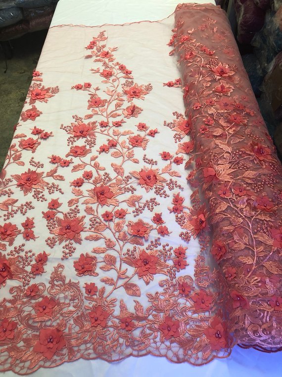 Coral 3D Floral Design Embroider With Pearls On A Mesh Lace Dresses-Prom-Nightgown By Yard