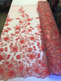 Coral 3D Floral Design Embroider With Pearls On A Mesh Lace Dresses-Prom-Nightgown By Yard