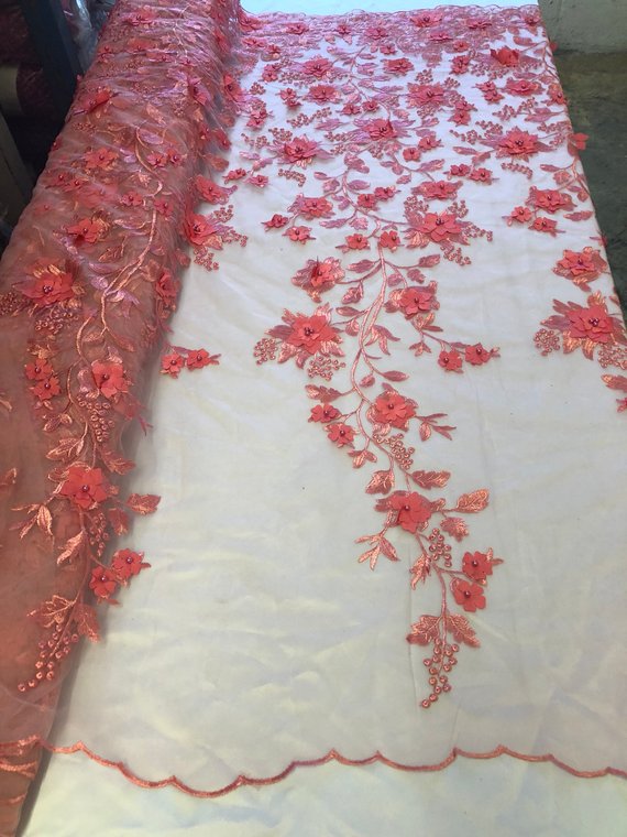 Coral 3D Floral Design Embroider With Pearls On A Mesh Lace Dresses-Prom-Nightgown By Yard