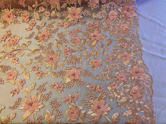 Blush Pink 3D Floral Design Embroider With Pearls On A Mesh Lace Dresses-Prom-Nightgown By Yard