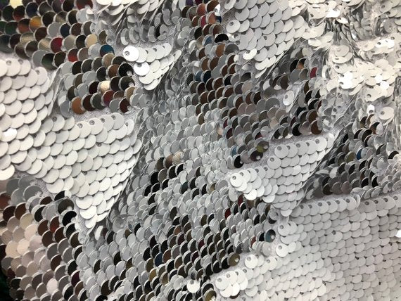 Sequins Fabric Flip Up Sequins Reversible White/Silver Mermaid Dresses-Nightgowns-Prom Gown By Yard