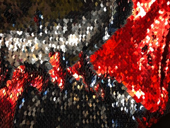 Flip Up Sequins Reversible Red Shiny-Black Sequins Fabric Dresses-Nightgowns-Prom Gown By Yard