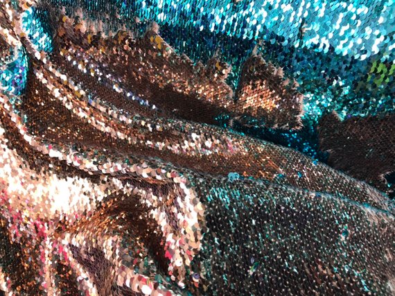 Flip Up Sequins Reversible Rose Gold-Turquoise Sequins Fabric Dresses-Nightgowns-Prom-Gown By Yard