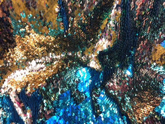 Flip Up Sequins Reversible Turquoise Shiny-Gold Sequins Fabric Nightgowns-Prom Gown By The Yard