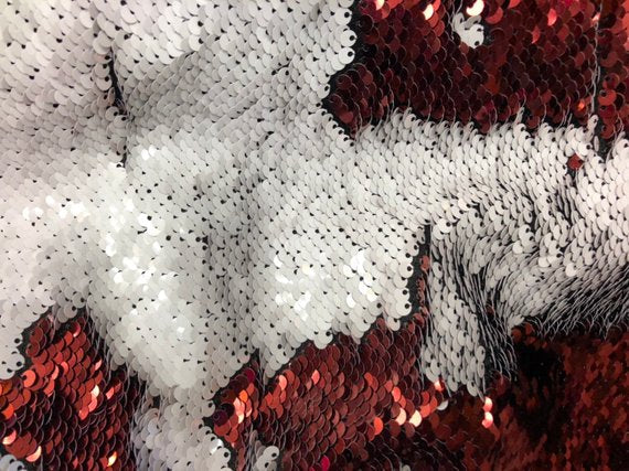 Flip Up Sequins Reversible Red Shiny-Matte White Sequins Fabric Nightgowns-Prom Gown By The Yard