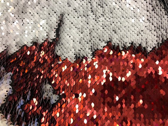 Flip Up Sequins Reversible Red Shiny-Matte White Sequins Fabric Nightgowns-Prom Gown By The Yard