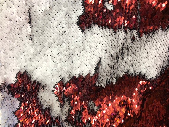 Flip Up Sequins Reversible Red Shiny-Matte White Sequins Fabric Nightgowns-Prom Gown By The Yard