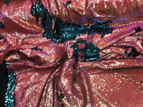 Sequins Fabric Flip Up Sequins Reversible Iridescent Coral/Turquoise Tablecloths-Gowns-Prom By Yard
